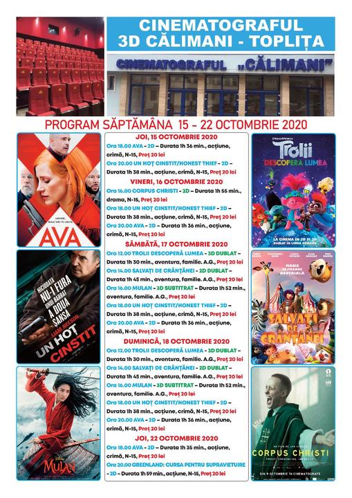 Program Cinema 3D Calimani Toplita 15-22 octombrie 2020