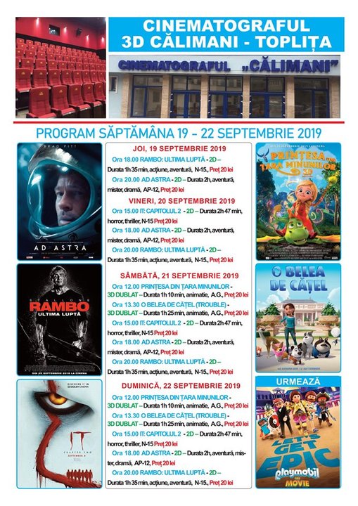 Program Cinema 3D "Calimani" Toplita, 19-22 septembrie 2019